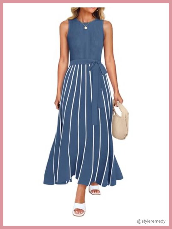 Dresses & Skirts - Sleeveless Ribbed Knit Maxi Dress with Belt, Striped A-Line Flowly